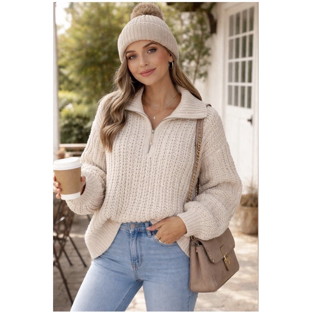 Aerie Ivory Cable Knit 1/4 Zip Collared Pullover Sweater Oversized SM Soft Cozy